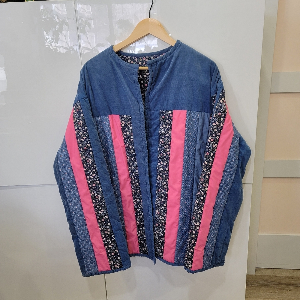 VTG Handmade Reversible Quilted Jacket Patchwork Corduroy Floral Blue Pink XXL - Picture 6 of 17